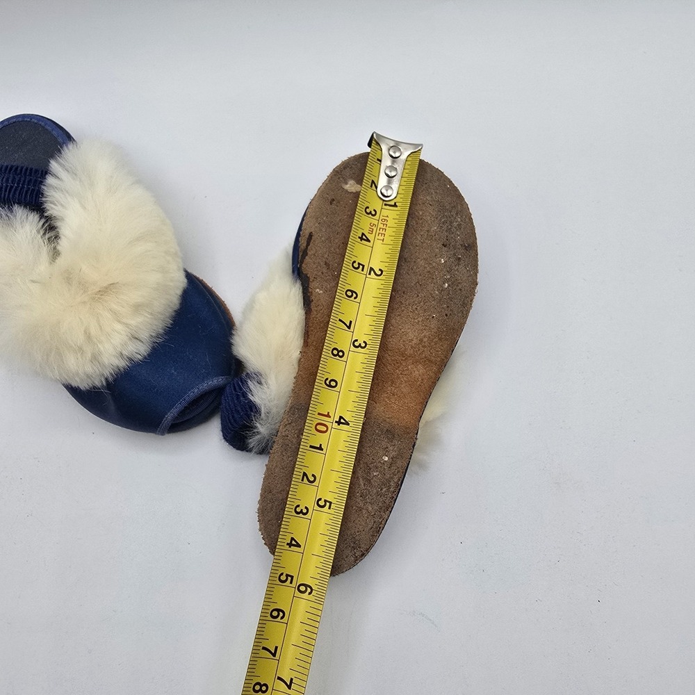 Vtg Antique Children Girls Shoes Blue Satin Fur Classy Formal Sandals - Picture 8 of 8